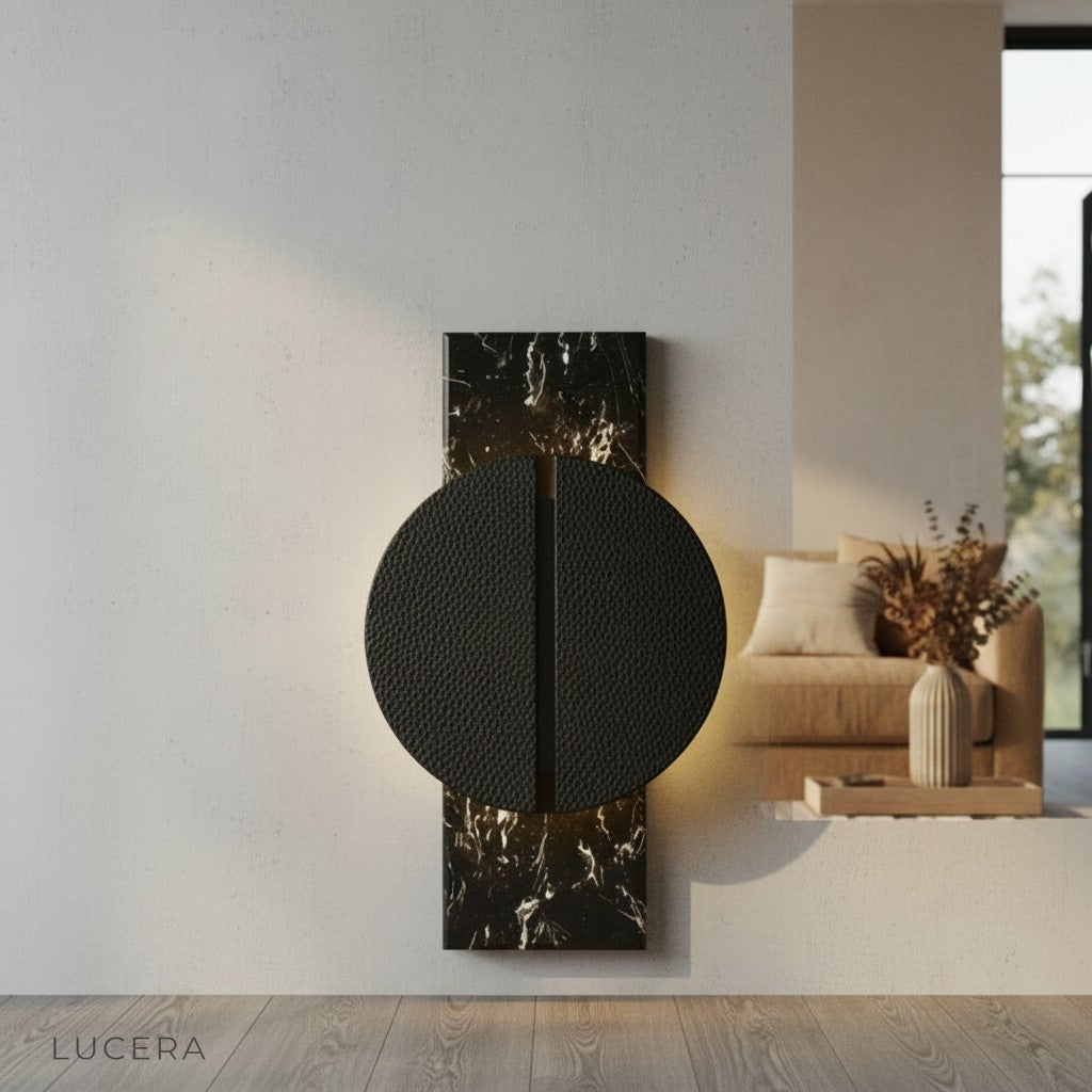 dramatic evening shot of marble wall lamp with warm light in stylish interior