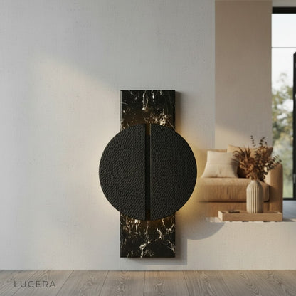dramatic evening shot of marble wall lamp with warm light in stylish interior