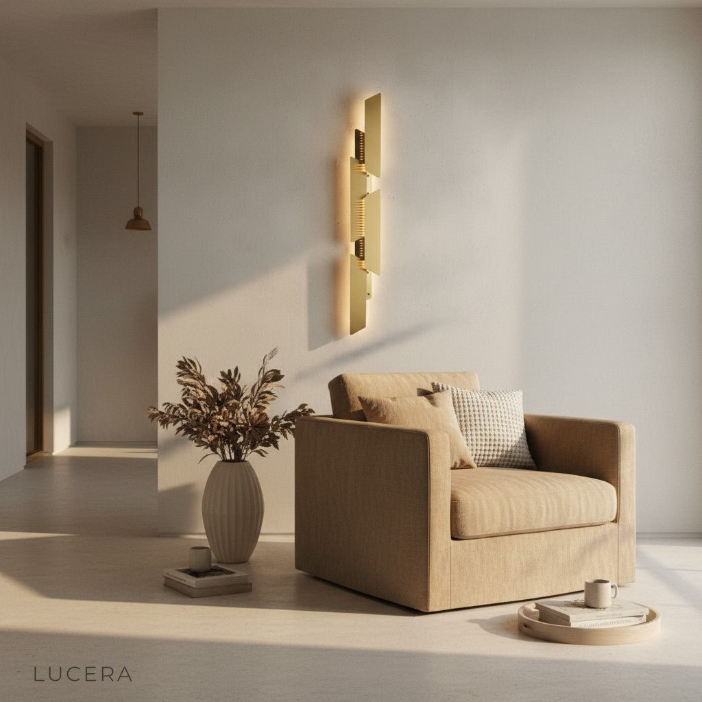 Myelin wall lamp in elegant hallway with warm evening lighting and shadows