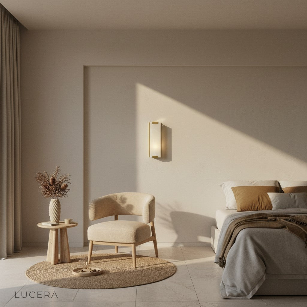 Astral wall lamp casting warm glow in serene reading nook with armchair