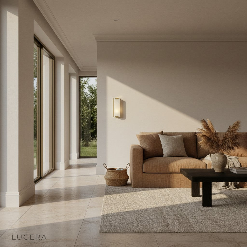 copper-marble LED wall lamp in upscale lounge with moody accent lighting