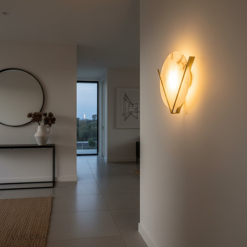 minimalist wall lamp in dark moody hallway with copper glow and shadow play at night