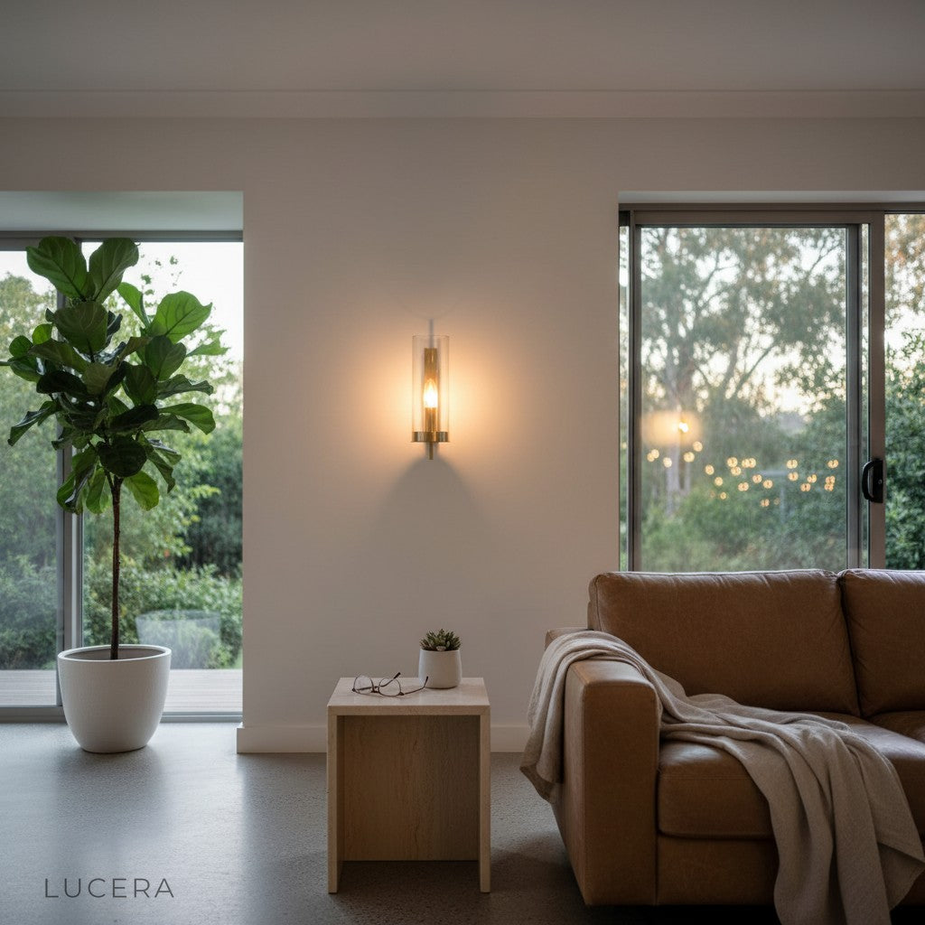 Detail shot of Medial European wall light highlighting clear glass shade and compact iron bracket