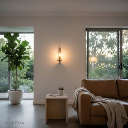 Detail shot of Medial European wall light highlighting clear glass shade and compact iron bracket