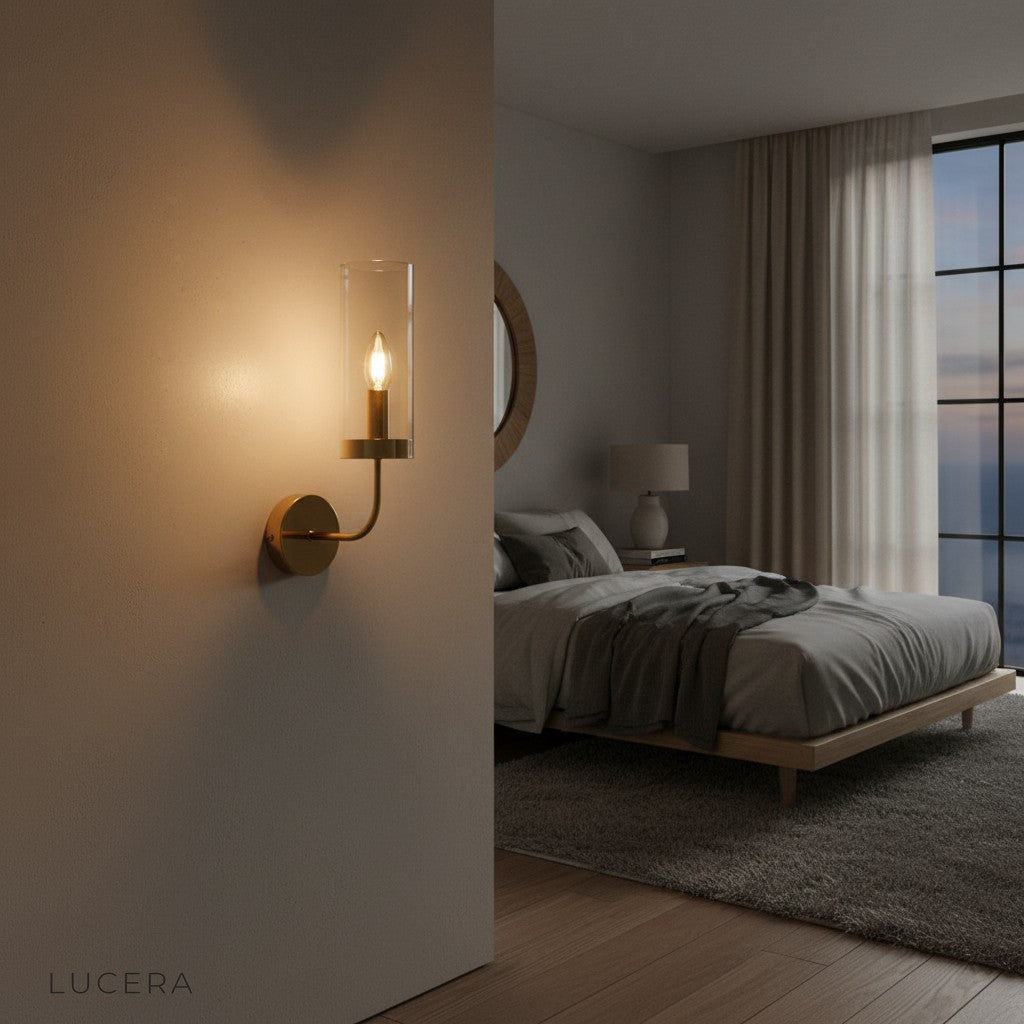 Nighttime lifestyle shot of Medial European wall lamp in living room with warm atmospheric glow