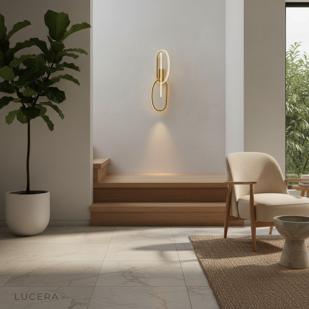 waterproof outdoor-rated wall sconce on textured wall near indoor plants