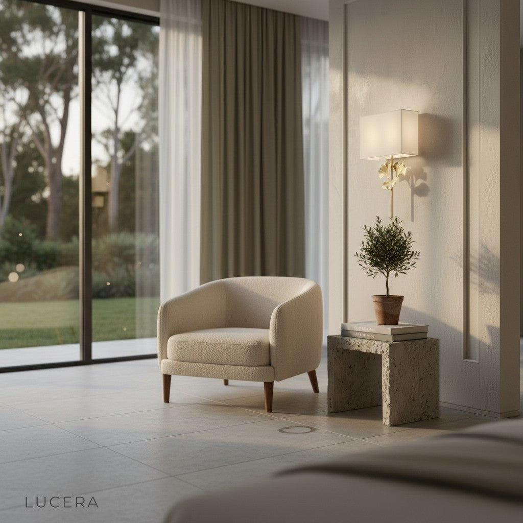 close-up of brass frame and soft fabric shade texture