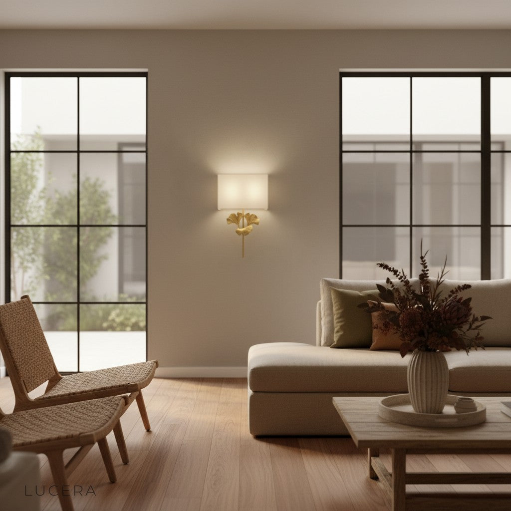 ginkgo leaf wall light illuminating a minimalist bedroom nightstand