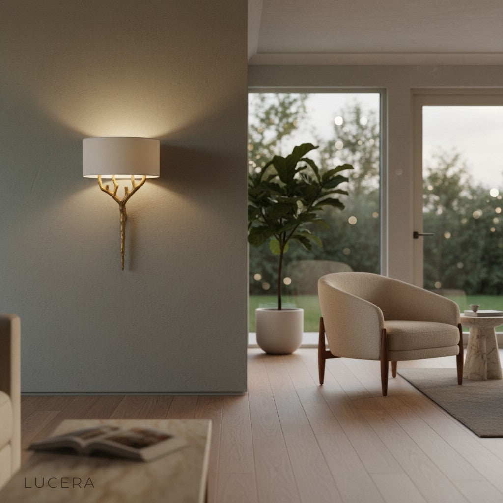 Warm 3000K glow from branch wall lamp illuminating dark wall