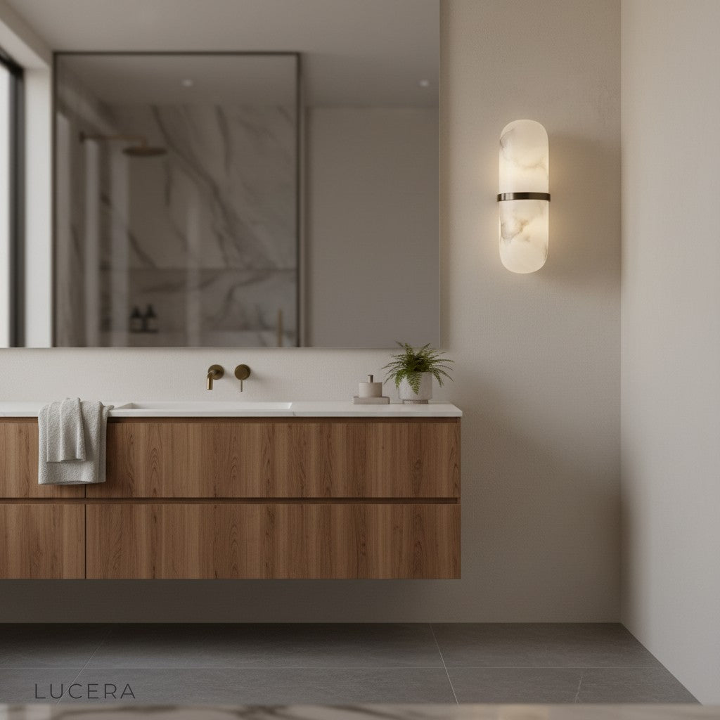 Luxury marble wall lamp paired with velvet sofa in elegant lounge