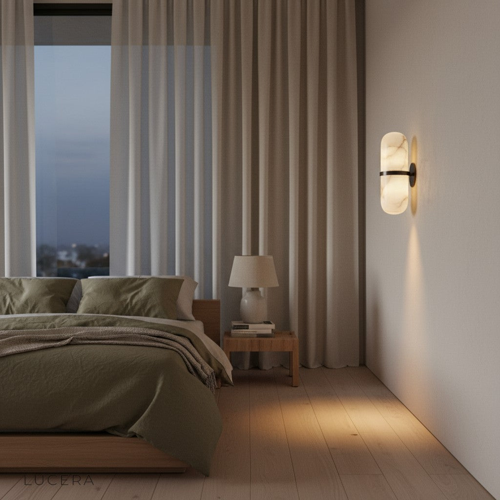 Marble and copper wall light above bedside table in contemporary hotel room