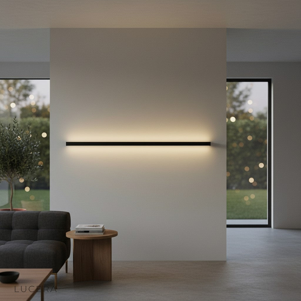 Staccato Bookshelf LED Wall Lamp casting elegant light in a minimalist bedroom at dusk