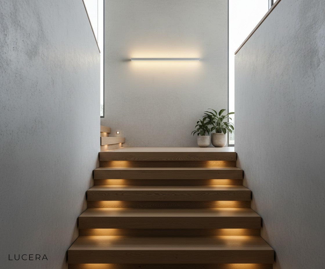 Staccato Bookshelf LED Wall Lamp in a hallway with warm amber light creating sculptural shadows