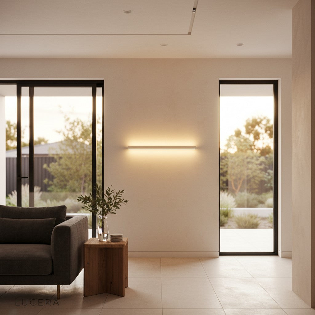 aesthetic evening shot of Staccato Bookshelf LED Wall Lamp in a dark room with cool white LED glow