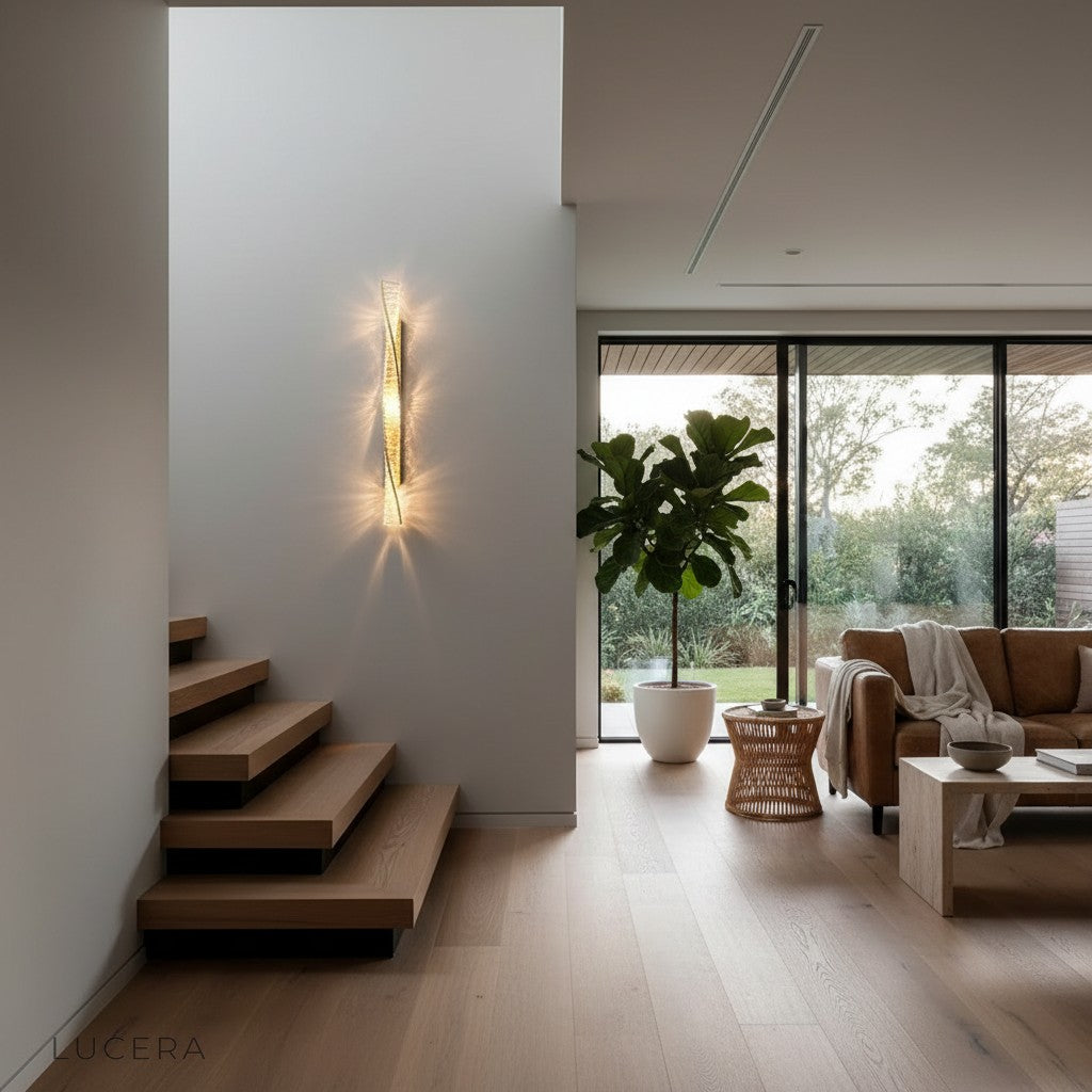 Marcato Nordic LED wall light at night casting warm shadows in bedroom