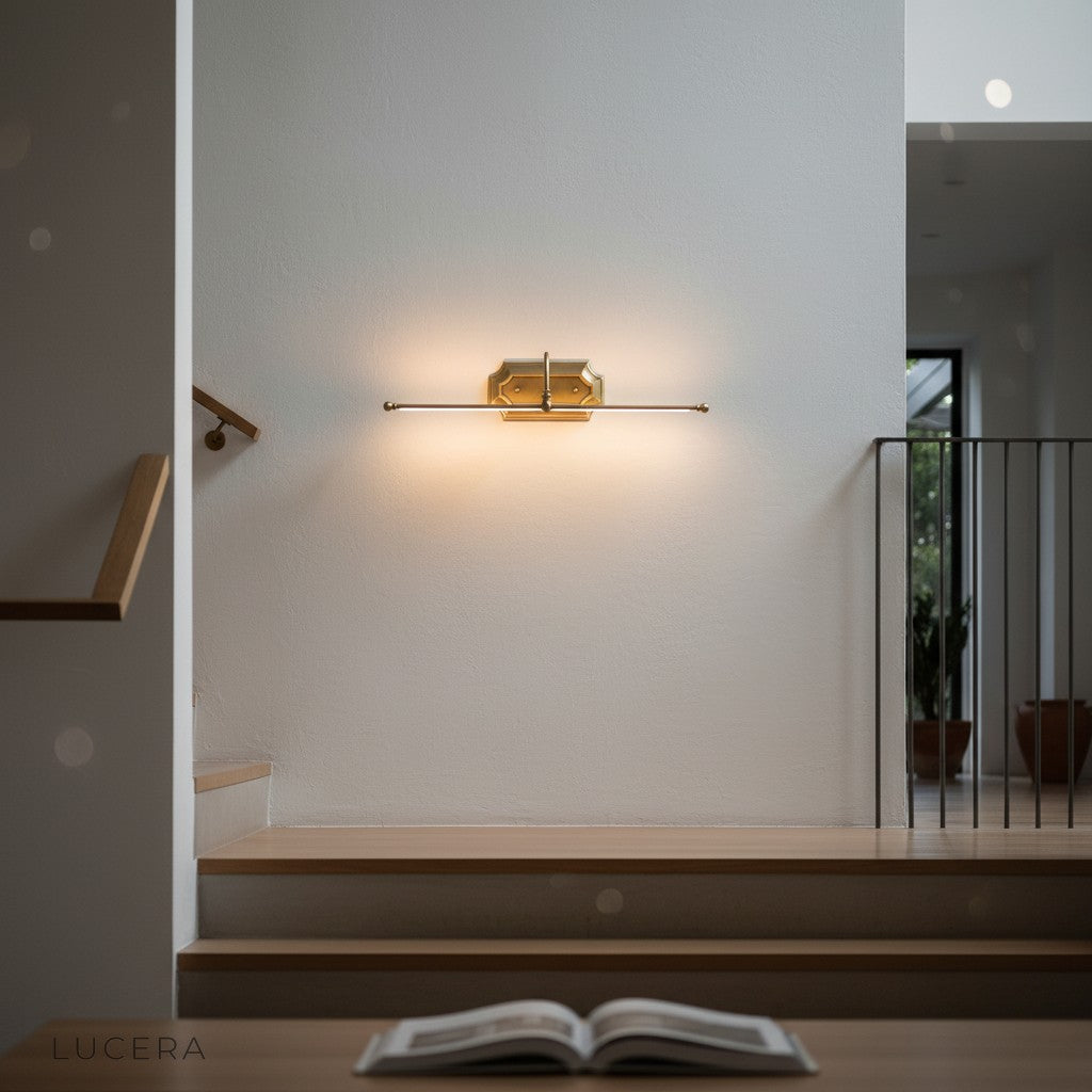 wall mounted brass lamp illuminating a dark hallway with warm ambient light