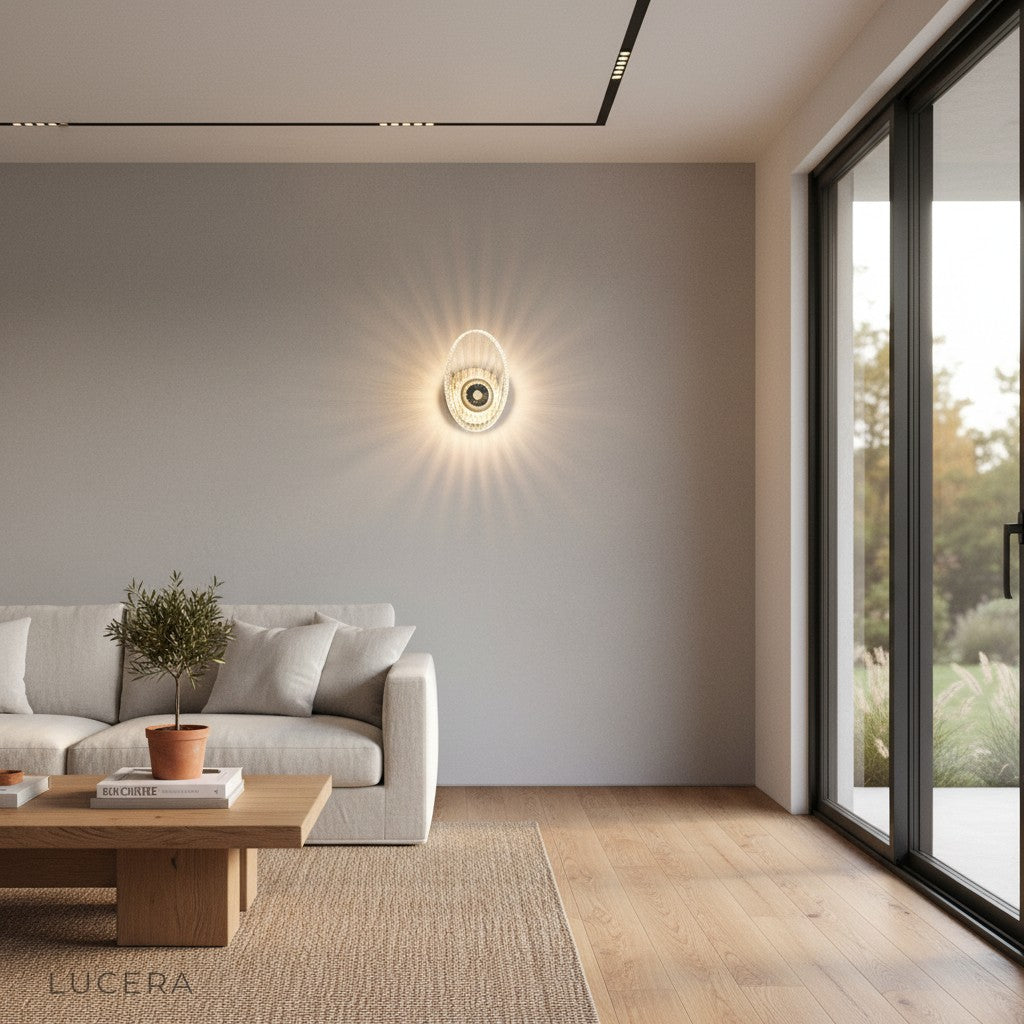 Ponticello wall sconce in dim ambient setting highlighting crystal refraction and shell texture