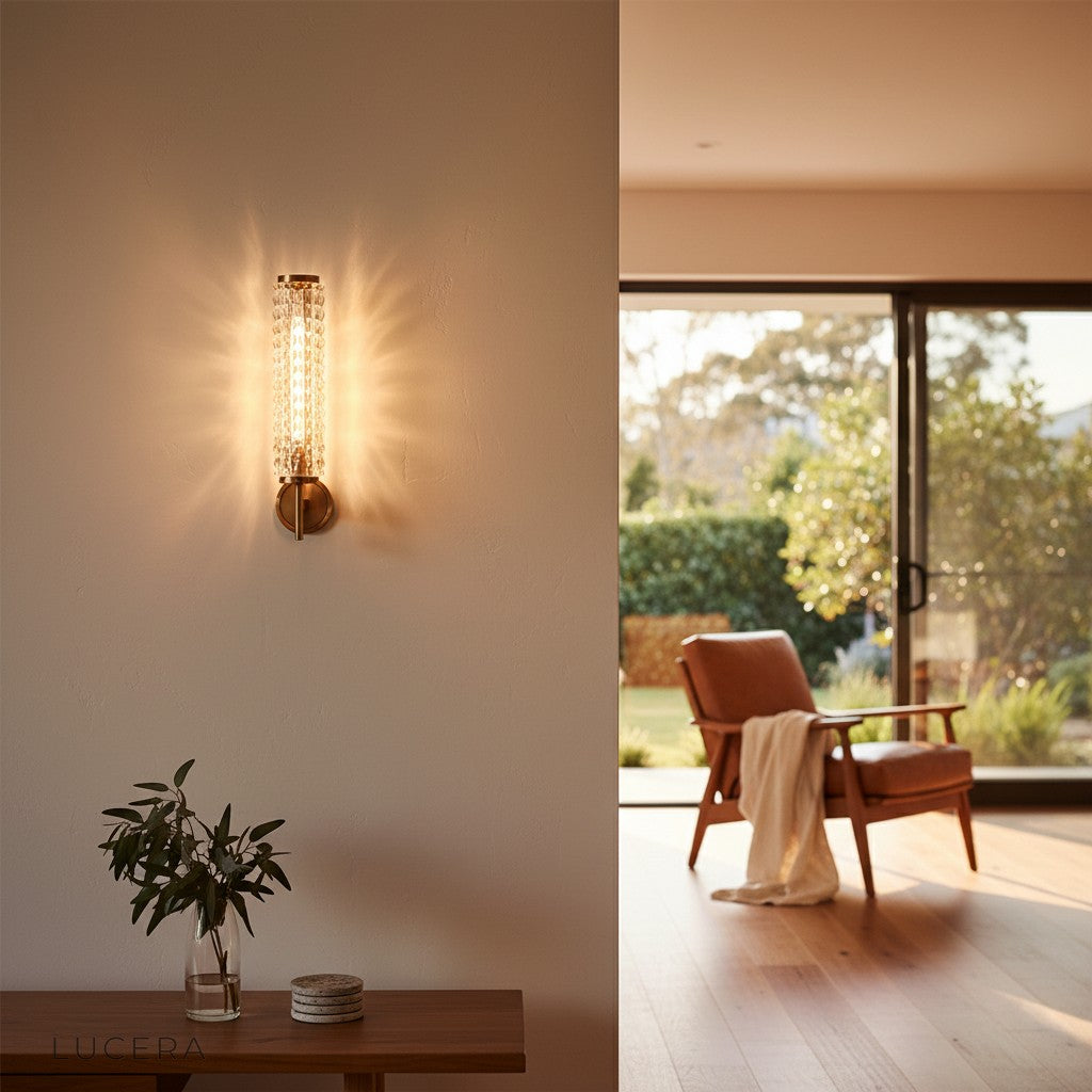 Copper wall light casting soft ambient glow in a cozy bedroom at dusk