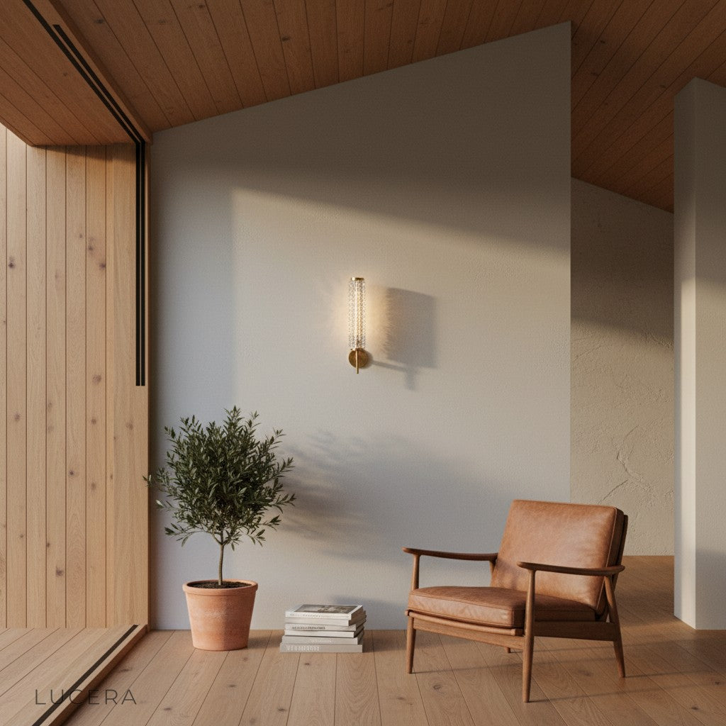 Solo sconce paired with square glass shade in a chic dining room corner