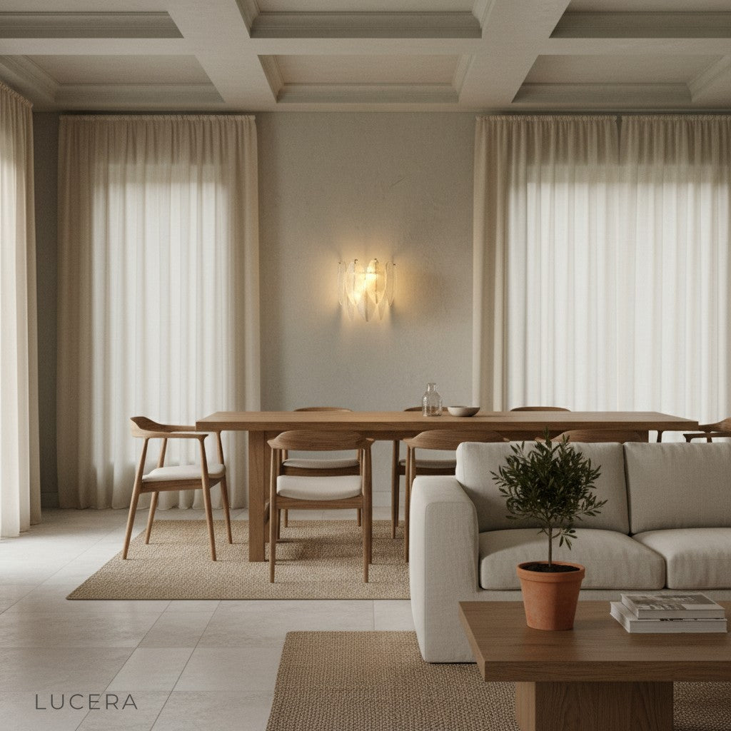 Soli chandelier in a bright hallway with white walls and subtle shadows