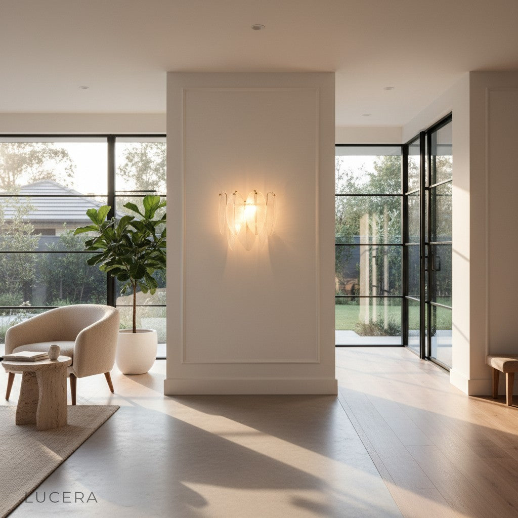Nighttime lifestyle shot of Soli brass chandelier glowing in a serene bedroom corner