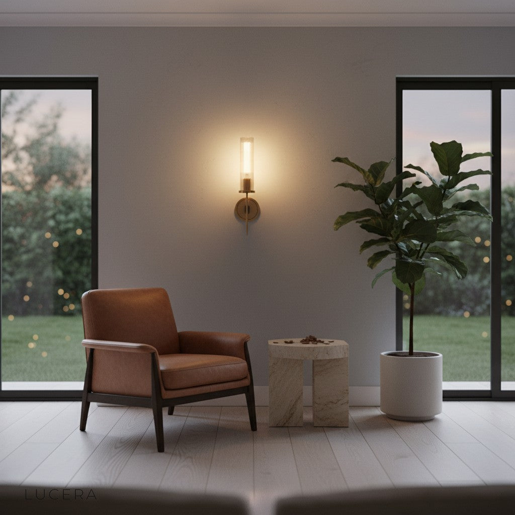 Aperta Palma wall lamp in warm ambient light against dark textured wall
