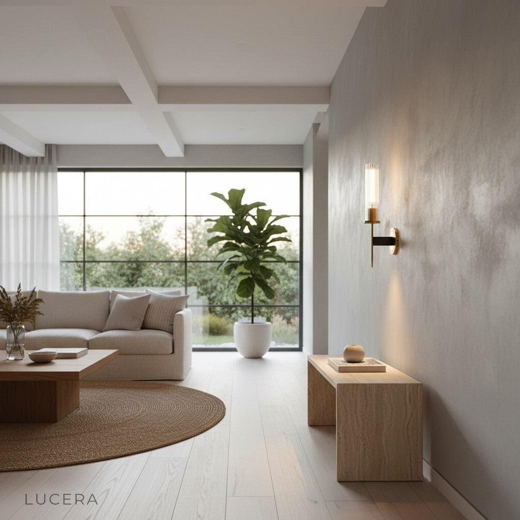 Aperta Palma wall light glowing at dusk in a serene bedroom setting