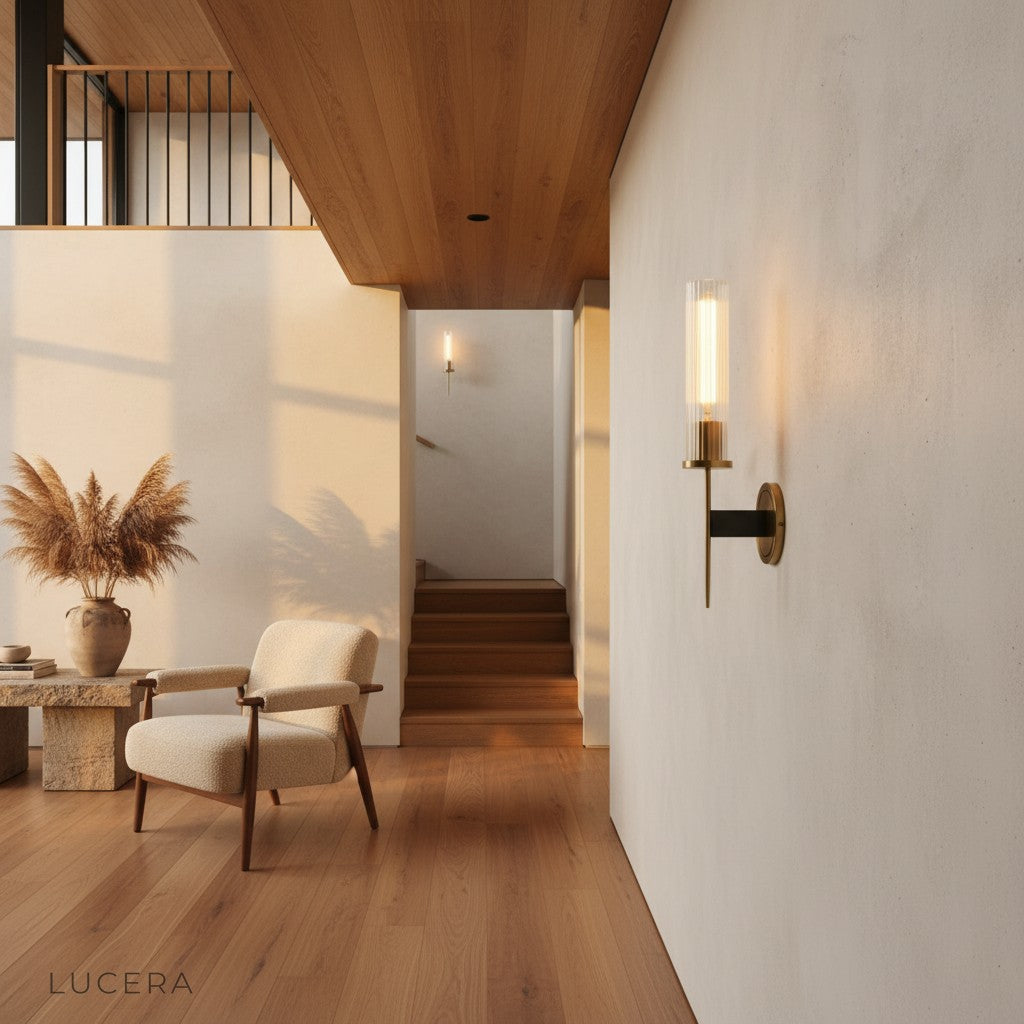 Aperta Palma brass wall lamp with soft diffused glow in a stylish lounge
