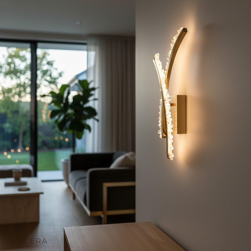 ambient evening shot of golden wall lamp in dark interior with soft glow
