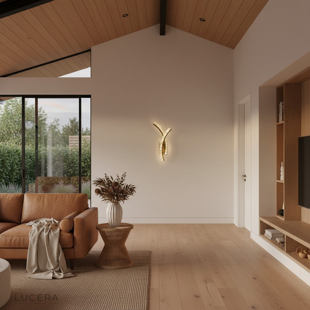 luxury crystal LED wall lamp in stylish lounge corner with velvet armchair