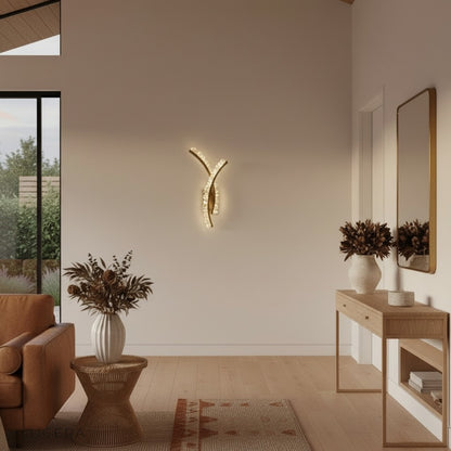 nighttime lifestyle shot of Voce lamp highlighting glamorous gold and crystal texture