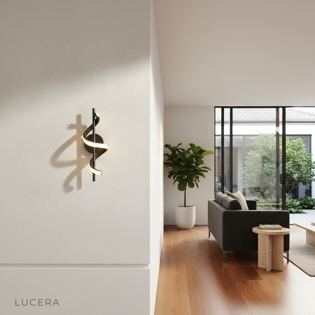 Crescendo wall sconce casting ambient light in cozy bedroom hallway at dusk