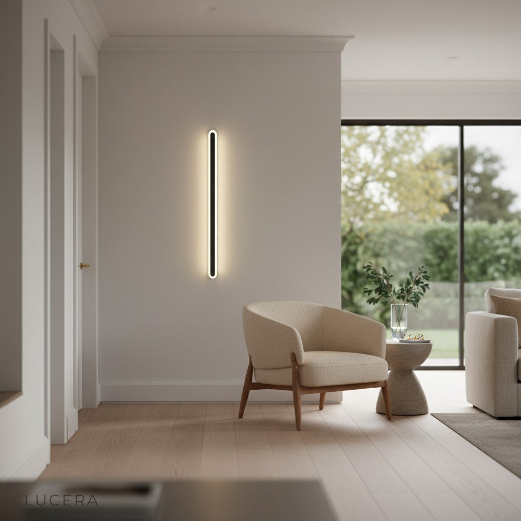LED acrylic wall lamp on textured concrete wall in contemporary stairwell