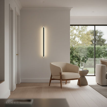 LED acrylic wall lamp on textured concrete wall in contemporary stairwell