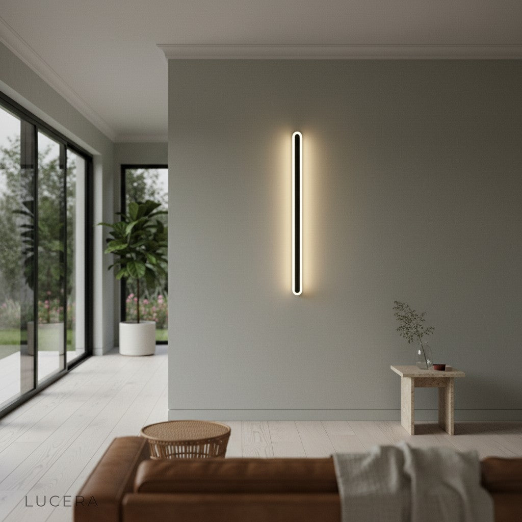 Minimalist metal and acrylic lamp in entryway with warm evening lighting