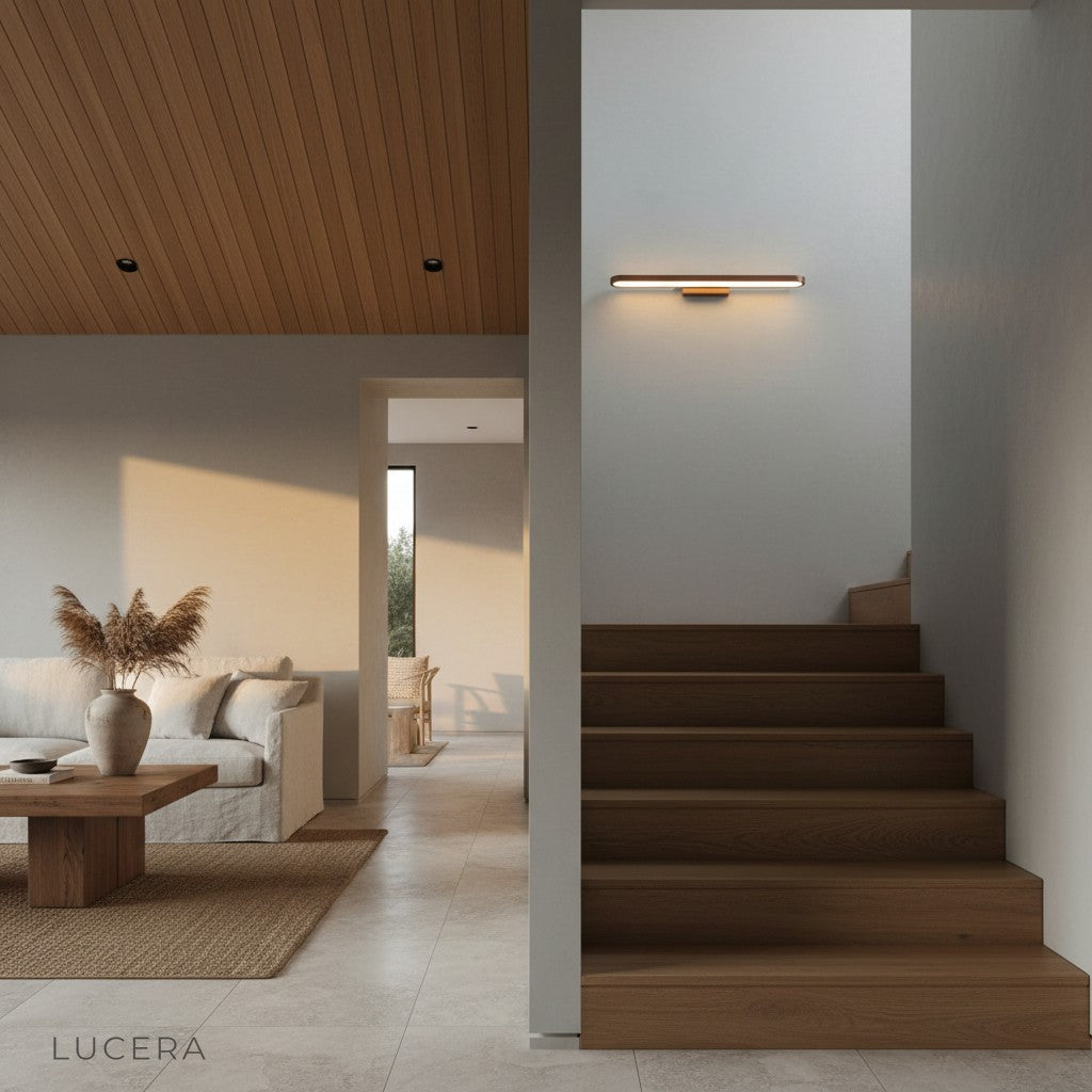 Sforzando wall lamp in a minimalist bathroom adding warm glow near a mirror