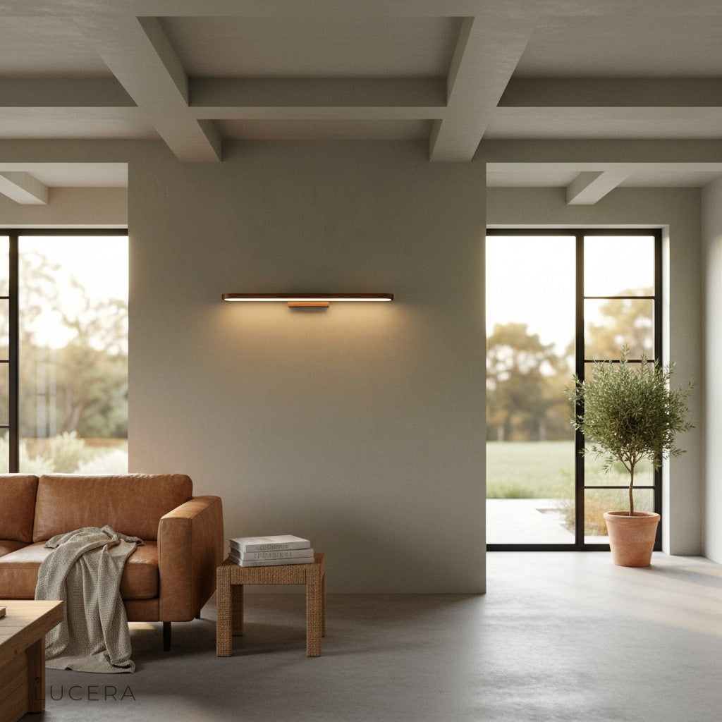 Sforzando LED wall light glowing at night in a modern lounge with stylish furniture