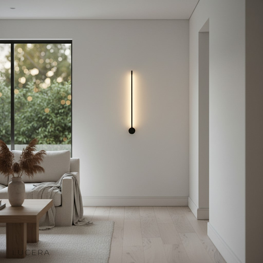 minimalist LED wall lamp above a wooden console table in entryway