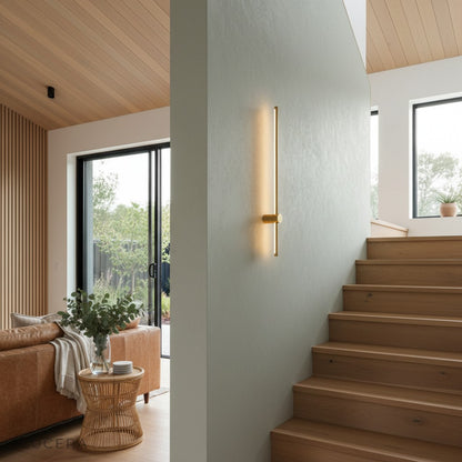 sleek iron and aluminum LED lamp in a bright Scandinavian-style room