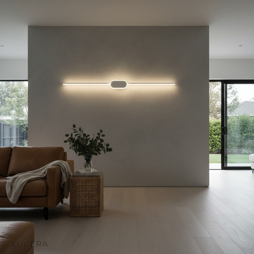 Calando LED wall lamp in white finish beside ceramic sink with soft ambient lighting