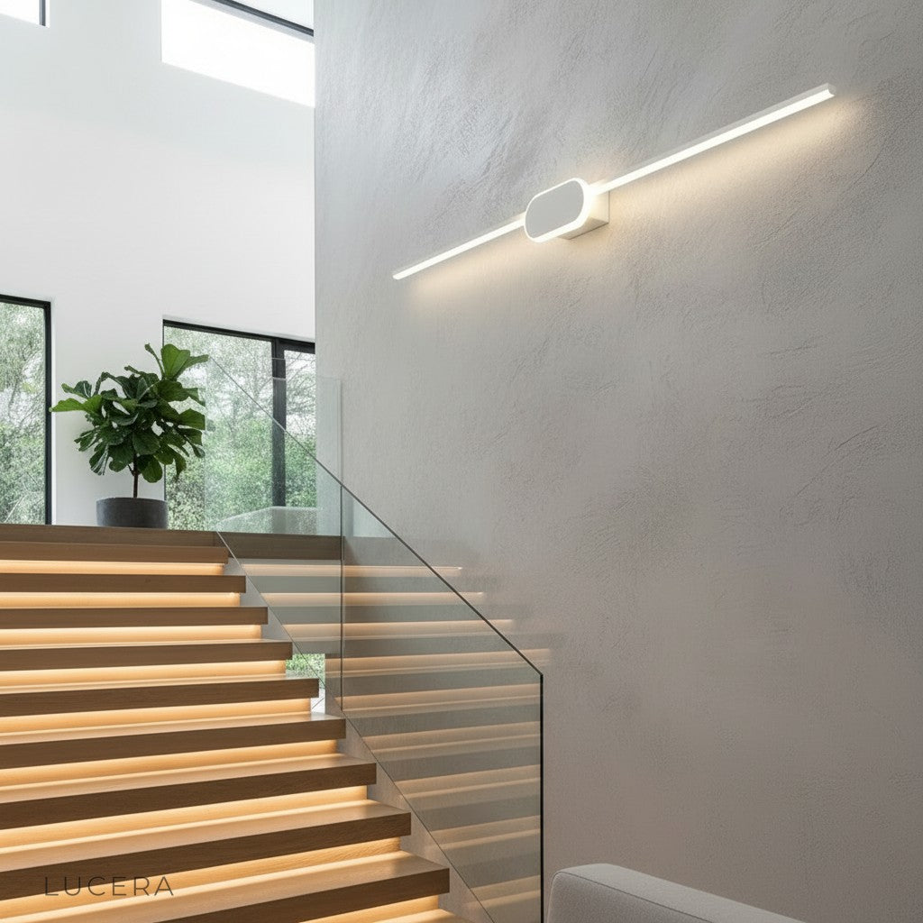 black Calando LED lamp illuminating dark vanity area with even shadow-free light