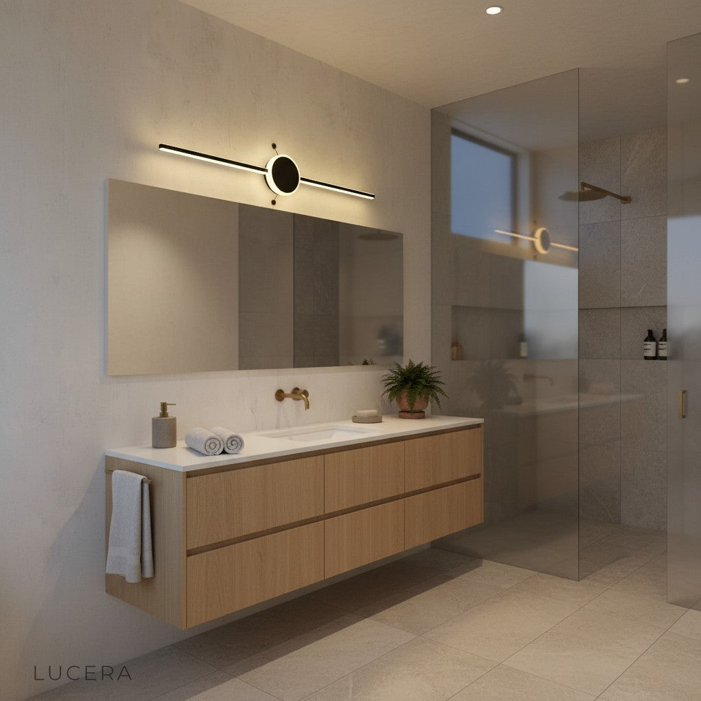 Calando LED mirror lamp in white metal over double sink in modern family bathroom