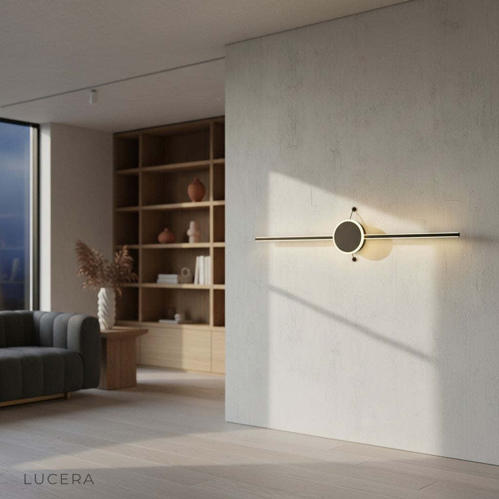black Calando LED wall lamp with warm light accenting textured tile wall at night