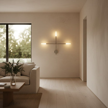 minimalist wall lamp with warm glow above modern console table in stylish entryway