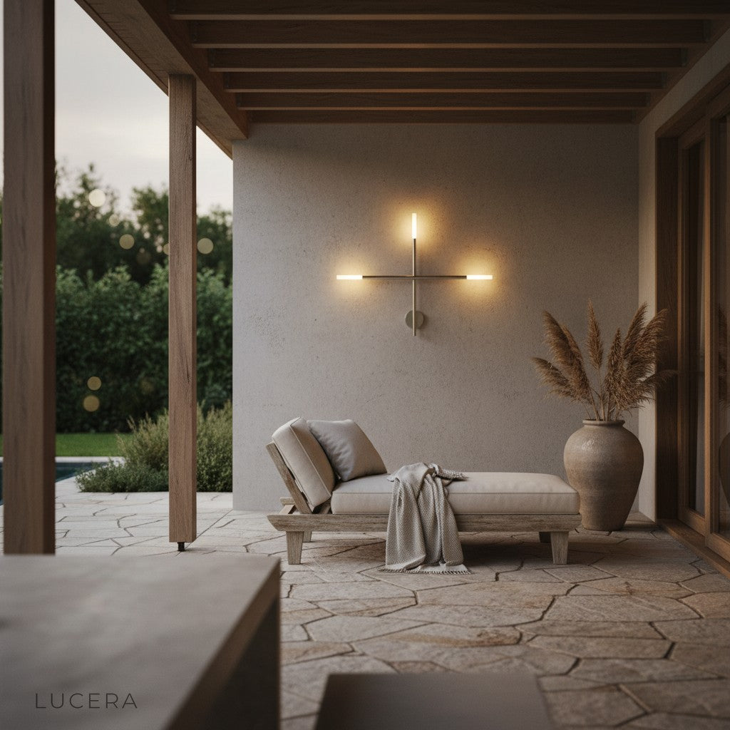 modern wall lamp glowing softly in dark moody interior with minimalist decor