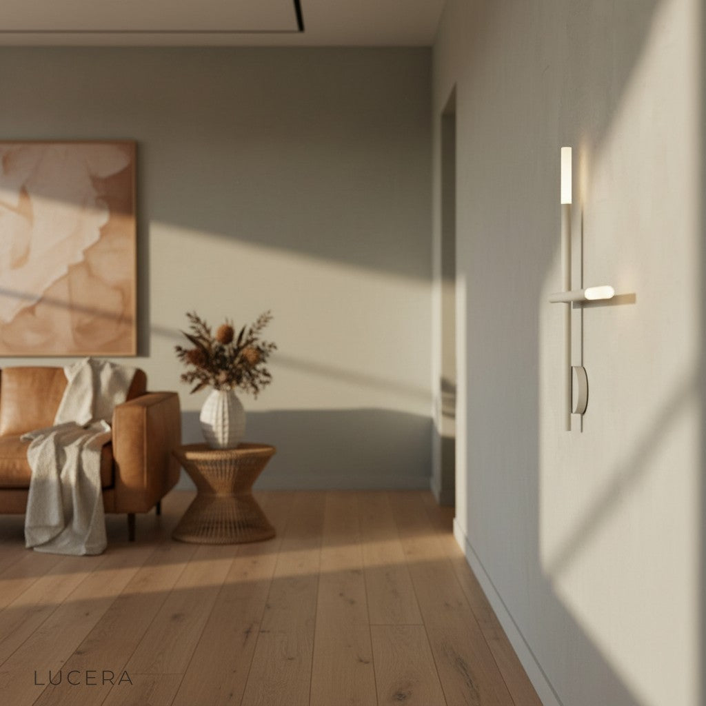sleek aluminum LED lamp paired with modern sofa in bright airy living space