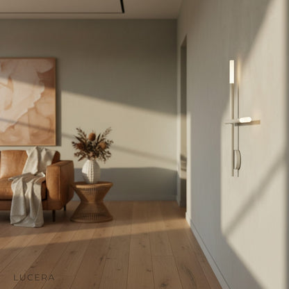 sleek aluminum LED lamp paired with modern sofa in bright airy living space