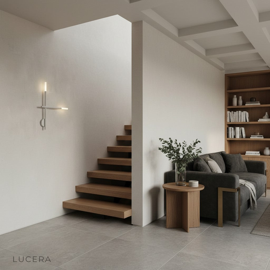 nighttime lifestyle shot of minimalist wall lamp casting warm pool of light in cozy reading nook