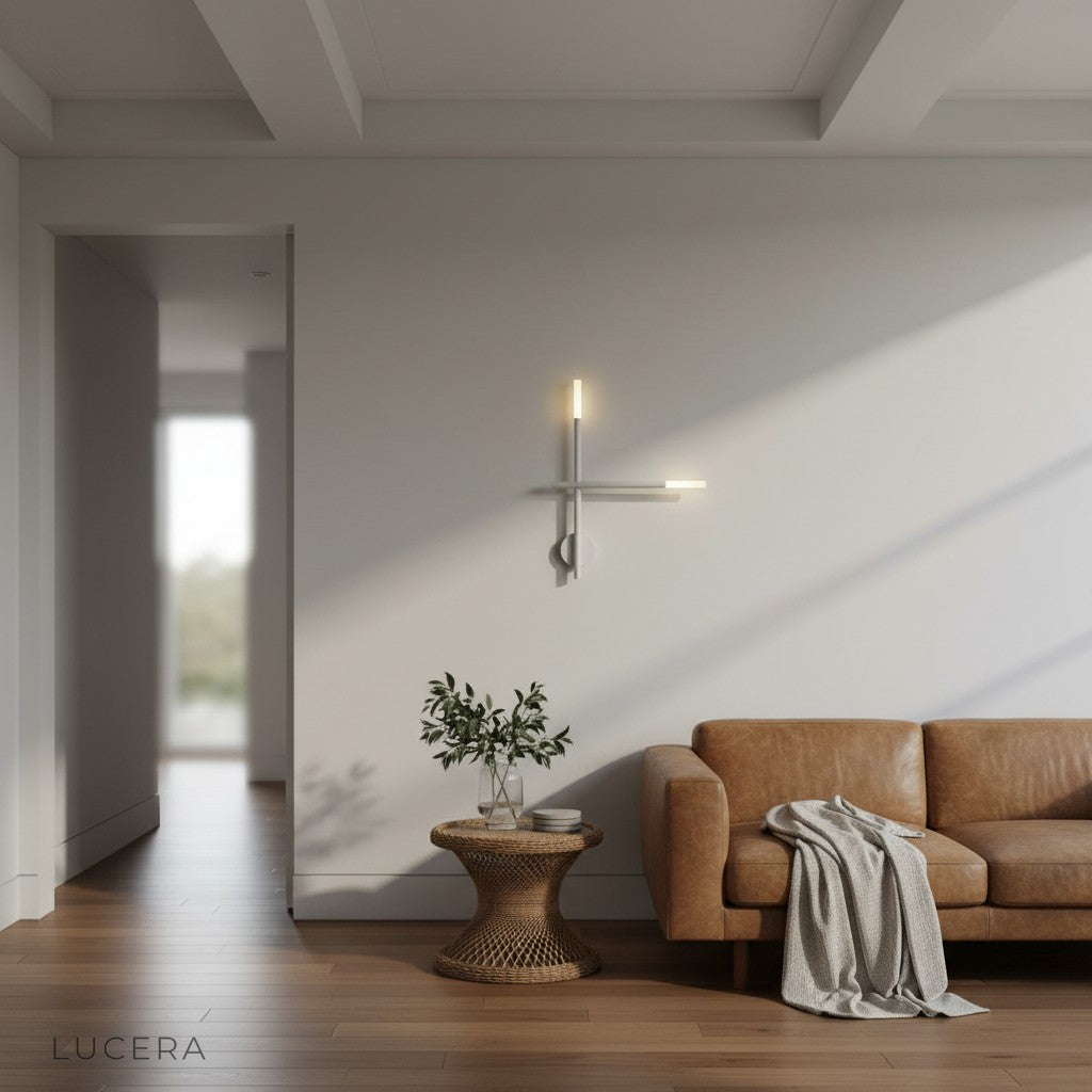 contemporary LED wall lamp with cool white light highlighting textured wall in modern office
