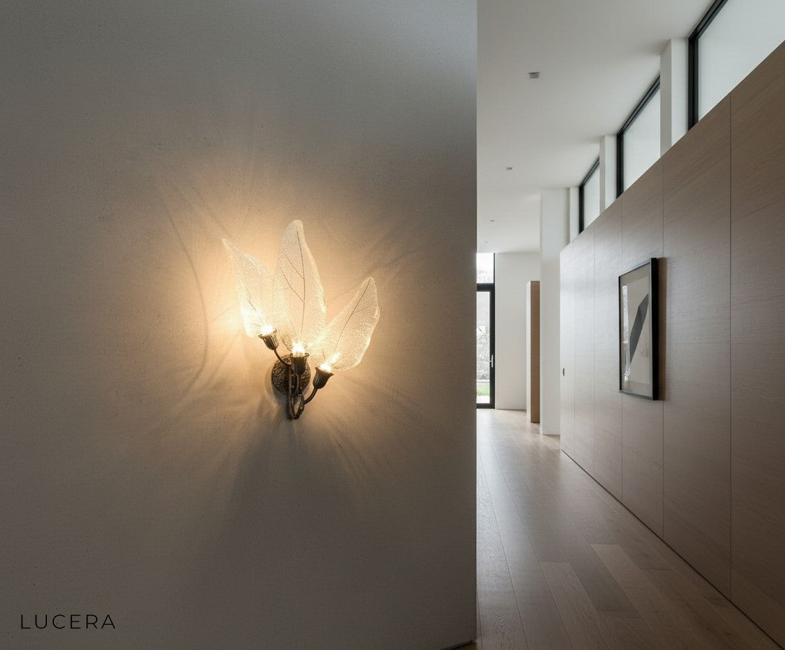 cool white light option leaf shaped wall lamp in minimalist hallway studio setting